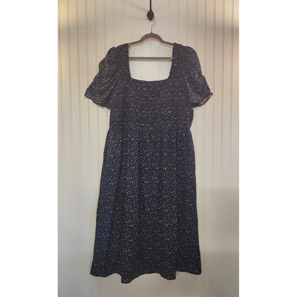 DKNY Women's Navy‎ Speckled Smock Bodice Puff Sleeves Maxi Dress Size 22W Boho